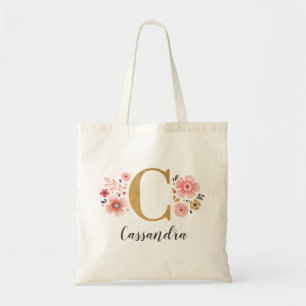 Gold Monogram Initiaal Letter "C" Floral Tote Bag