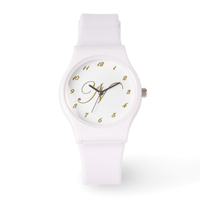 Gold Monogram Initiaal N Horloge met Gold Numbers (Voorkant)