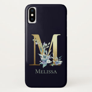 Gold Monogram Letter M Navy Blue Floral Name iPhone X Hoesje