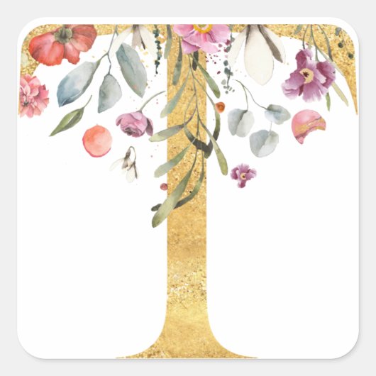 Gold MONOGRAM letter T met bloem Vierkante Sticker (Voorkant)