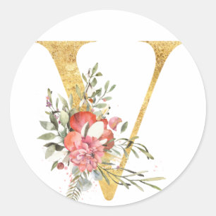 Gold MONOGRAM letter V met bloem Ronde Sticker