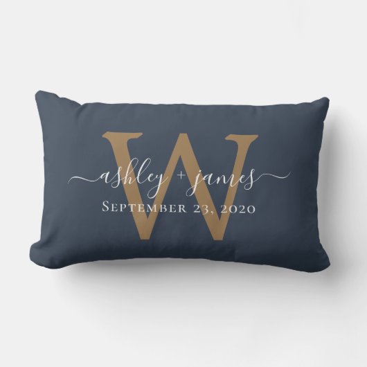 Gold Monogram WeddenDatum Donkerblauw Kussen (Voorkant)
