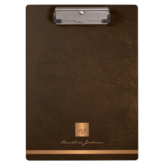 Gold monogrammen, script bruin leder klembord (Voorkant)