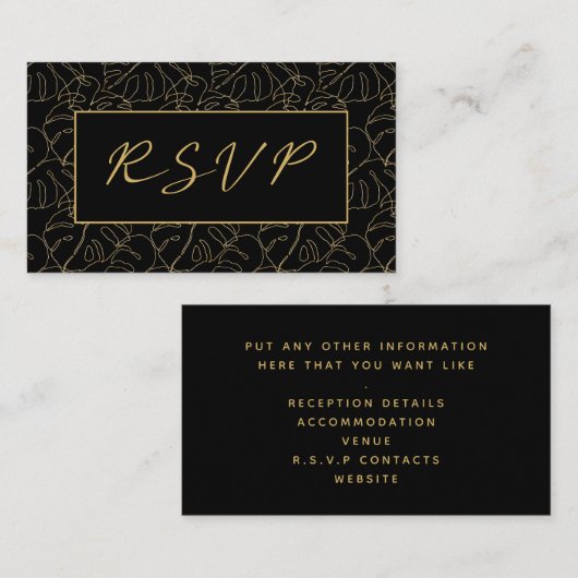 Gold monstera leaf, rsvp bruiloft informatiekaartje (Voorkant / Achterkant)
