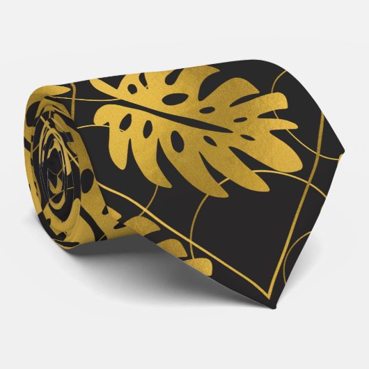 Gold Monstera Leaves Pattern op Black Stropdas (Opgerold)
