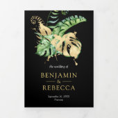 Gold Monstera Tropical Palm Black QR Code Weddensc Drieluik Uitnodiging (Cover)