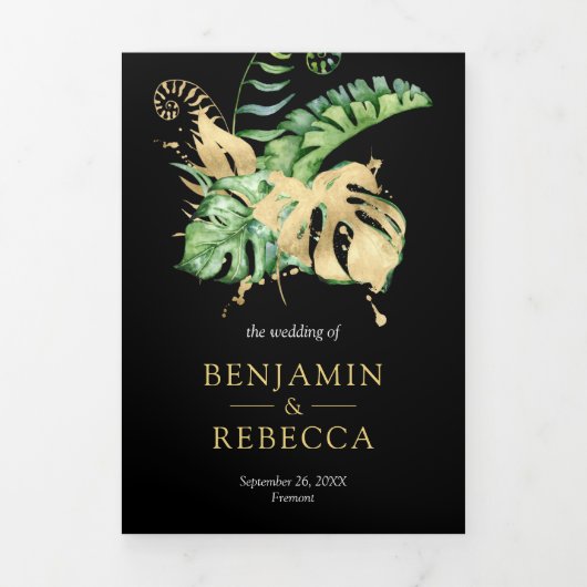 Gold Monstera Tropical Palm Black QR Code Weddensc Drieluik Uitnodiging (Cover)