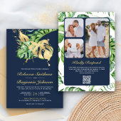 Gold Monstera Tropical Palm QR Code Navy Weddensch Kaart