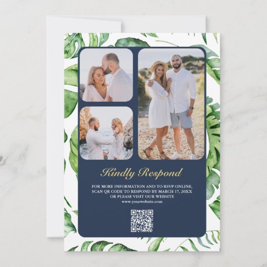 Gold Monstera Tropical Palm QR Code Navy Weddensch Kaart (Achterkant)