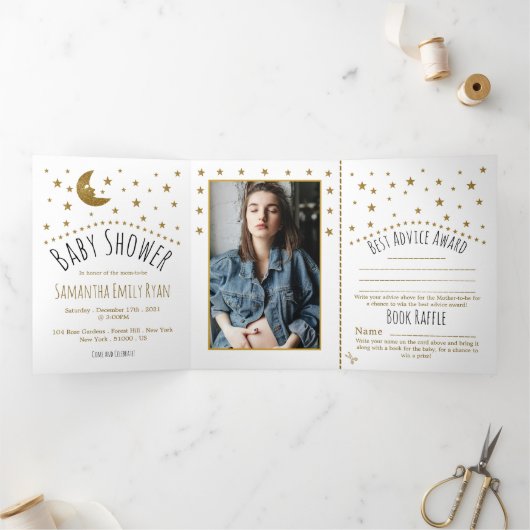 Gold Moon and Stars, Baby shower Suite Drieluik Uitnodiging (Binnen)