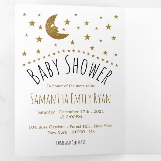 Gold Moon and Stars, Baby shower Suite Drieluik Uitnodiging (Binnenzijde eerst)