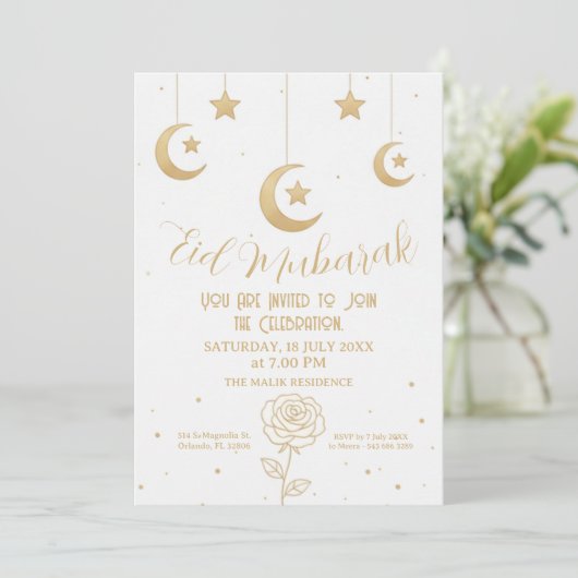 Gold Moon and Stars Eid Mubarak Invitation (Debout devant)