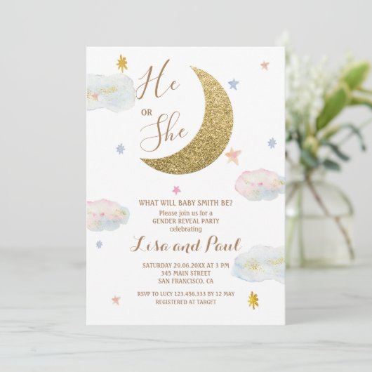 Gold Moon Hij of Zij Genderonthulling Kaart (Staand voorkant)