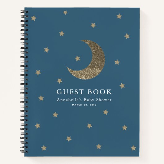 Gold Moon & Stars Marine Blue Baby shower Livre d' (Devant)