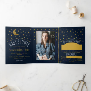 Gold Moon & Stars, Midnight Blue Baby shower Suite Drieluik Uitnodiging