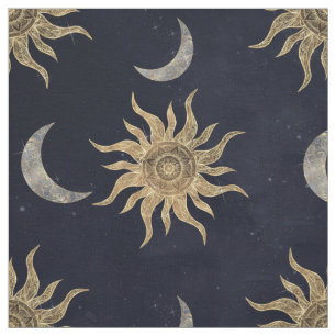 Gold Moon Sun Mandala Blue Night Sky Patroon Stof