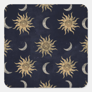 Gold Moon Sun Mandala Blue Night Sky Patroon Vierkante Sticker