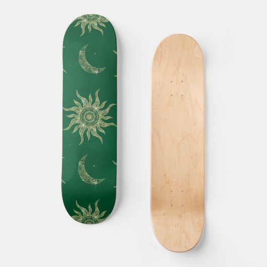 Gold Moon Sun Mandala Green Pattern Skateboard (Voorkant)