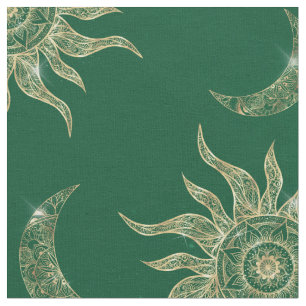 Gold Moon Sun Mandala Green Pattern Stof