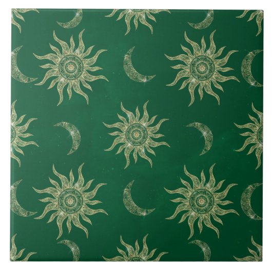 Gold Moon Sun Mandala Green Pattern Tegeltje (Voorkant)