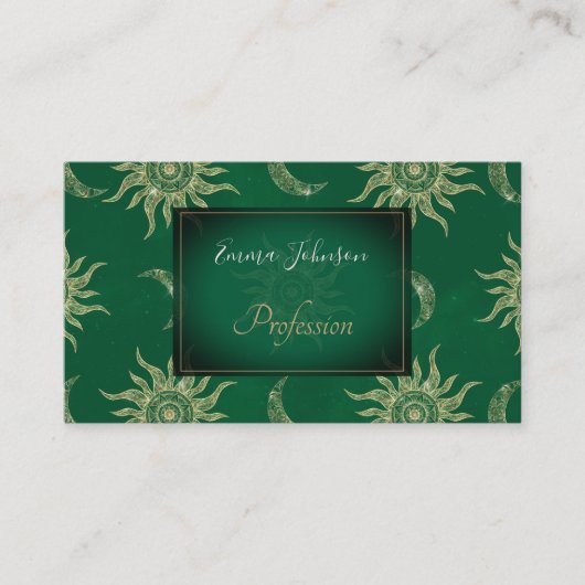 Gold Moon Sun Mandala Green Pattern Visitekaartje (Voorkant)