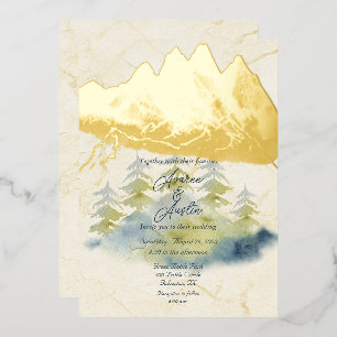 Gold Mountains Backdrop Green en Blue Trees Folie Uitnodiging