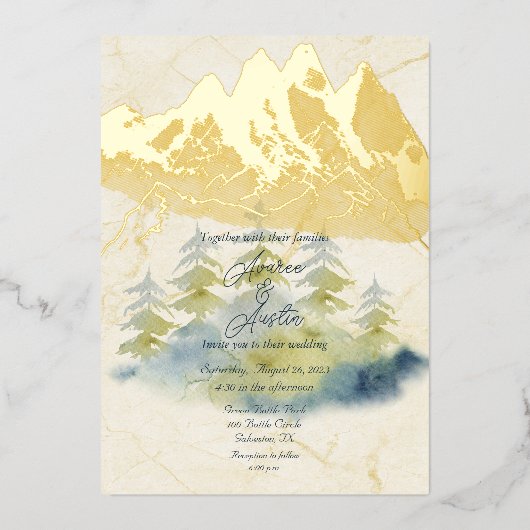 Gold Mountains Backdrop Green en Blue Trees Folie Uitnodiging (Voorkant)