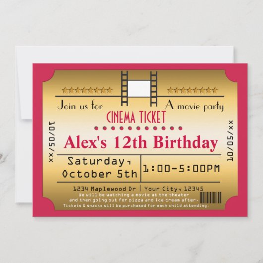 Gold Movie Ticket Cinema film Strip Invitation (Devant)