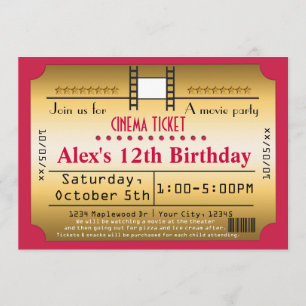 Gold Movie Ticket Cinema film Strip Invitation Kaart