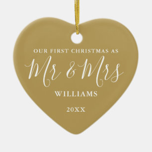 Gold Mr. en Mrs First Kerstmis Signature Script Keramisch Ornament