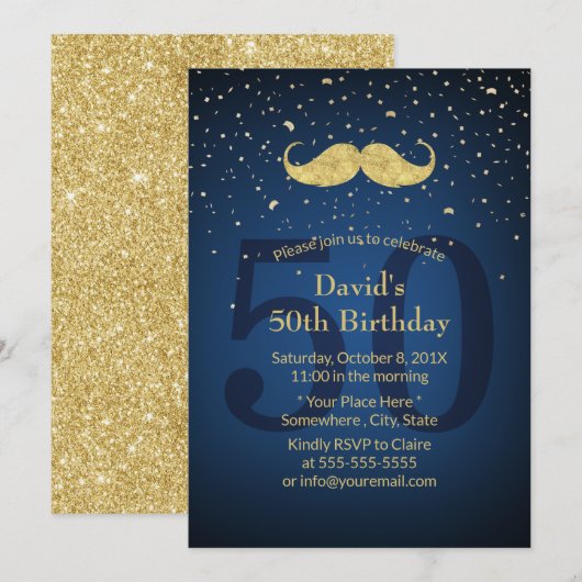 Gold Mustache Navy Blue 50th Birthday Party Kaart (Voorkant / Achterkant)