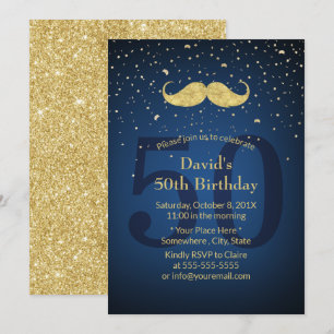 Gold Mustache Navy Blue 50th Birthday Party Kaart