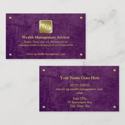 Gold-naamplaat paars lederachtig, welverdiende adv visitekaartje (Voorkant / Achterkant)