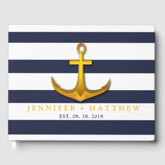 Gold Nautical Anchor Navy Blue & White Wedding Gastenboek (Voorkant)