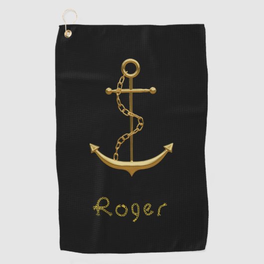 Gold nautical anchor on royal blue custom name golfhanddoek (Voorkant)