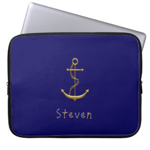 Gold nautical anchor op blauwe douanenaam laptop sleeve