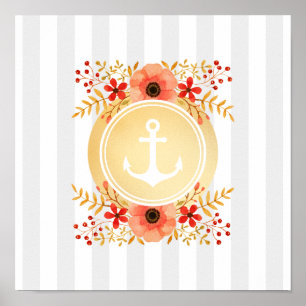 Gold Nautical Anchor Waterverf Floral striped Poster