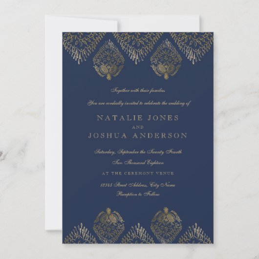 Gold Navy Antiek Lace Wedding Invitation Kaart (Voorkant)