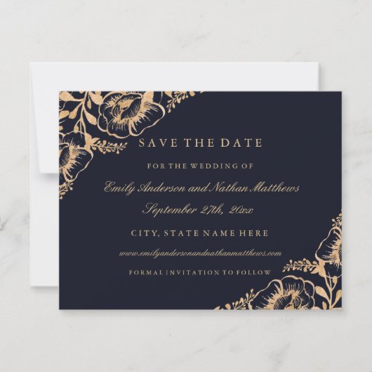 Gold Navy  Bloemenbruiloft Save The Date (Voorkant)