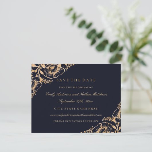 Gold Navy  Bloemenbruiloft Save The Date (Staand voorkant)
