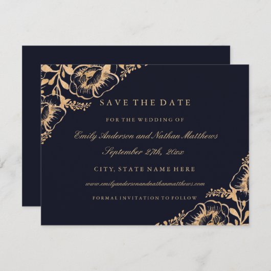 Gold Navy Bloemenbruiloft Save The Date (Voorkant / Achterkant)
