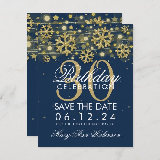 Gold Navy Blue 30th Birthday Save Date Winter Kaart (Voorkant / Achterkant)