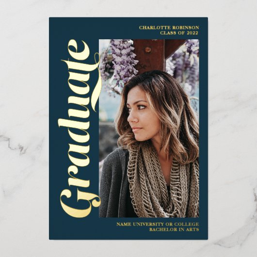 Gold navy blue afstuderen script 3 foto's afstuder folie uitnodiging (Voorkant)