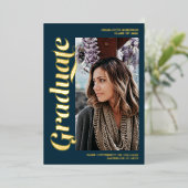 Gold navy blue afstuderen script 3 foto's afstuder folie uitnodiging (Staand Voorkant)