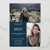 Gold navy blue afstuderen script 3 foto's afstuder folie uitnodiging (Achterkant)