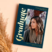 Gold navy blue afstuderen script 3 foto's afstuder folie uitnodiging