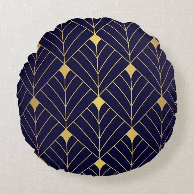 Gold Navy Blue Art Deco Diamond Pattern Rond Kussen (Voorkant)