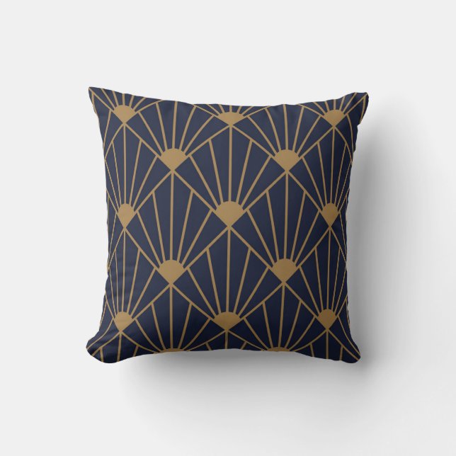 Gold Navy Blue Art Deco Fan Pattern Kussen (Voorkant)