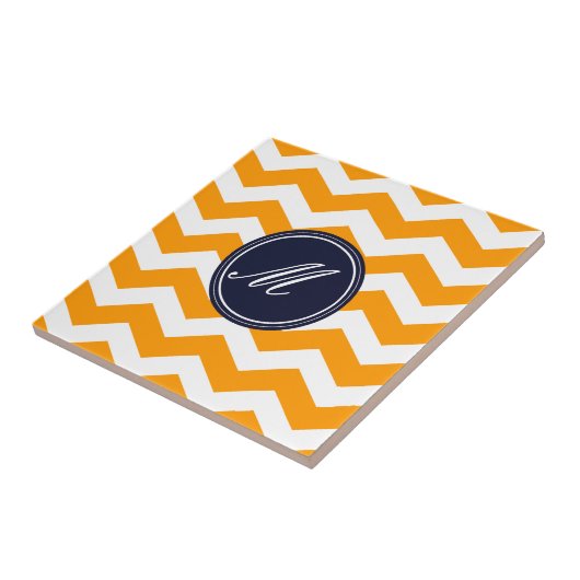 Gold & Navy Blue Chevron met Monogram Tile Tegeltje (Zijkant)