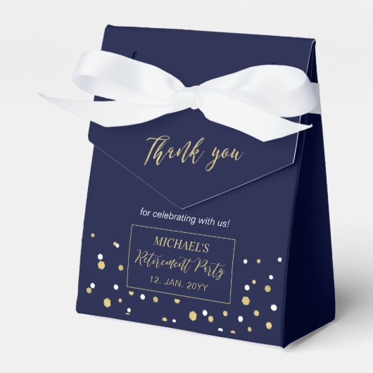 Gold & Navy Blue Confetti Modern Retirement Party Bedankdoosjes (Voorkant Zijde)